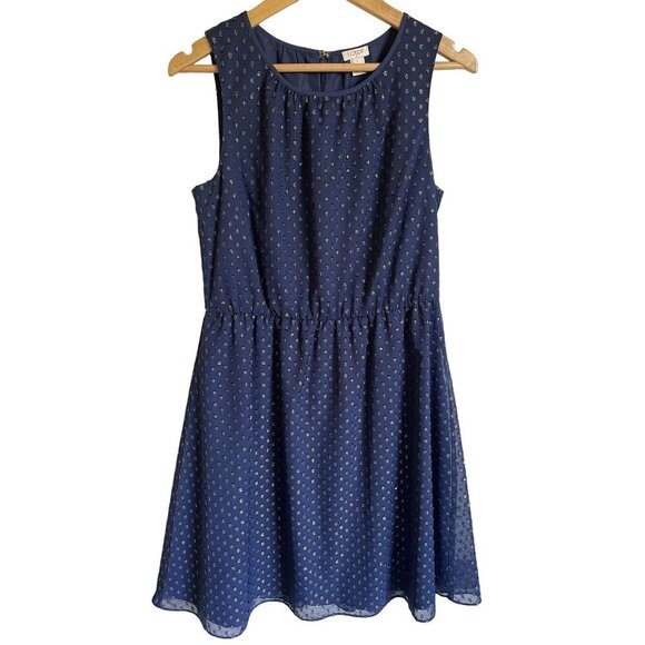 J Crew Factory Navy Blue Gold Dot A-Line Sleeveless Size 6 Metallic Drop Dress F - Picture 1 of 6